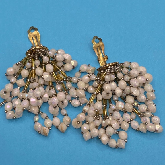 Vintage Cha Cha Seed Bead Earrings Long Two Pairs Cluster 1980's Clip Ons - Picture 3 of 9